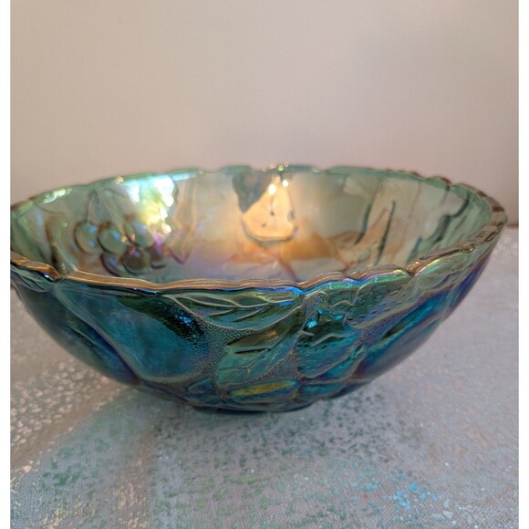 Indiana Carnival Glass Madeira Round Raised Fruit/Punch Bowl Iridescent Teal VTG - Picture 2 of 12